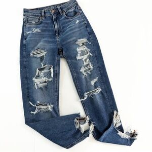 American Eagle Womens 00 Mom Straight Jeans Distressed Raw Hems